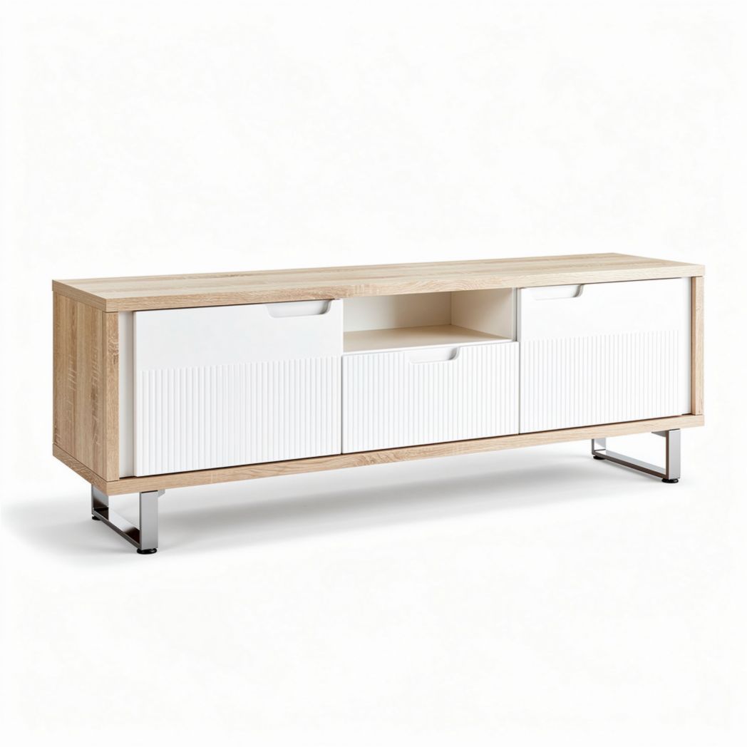 Tv-meubel van hout en kunststof in wit en naturel 150 x 40 x 50cm