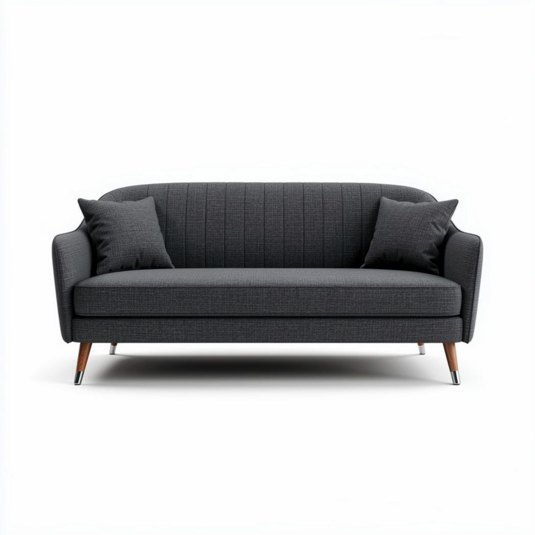 Lage bank van donkergrijs stof met twee kussens afmetingen 180 x 90 x 85 cm