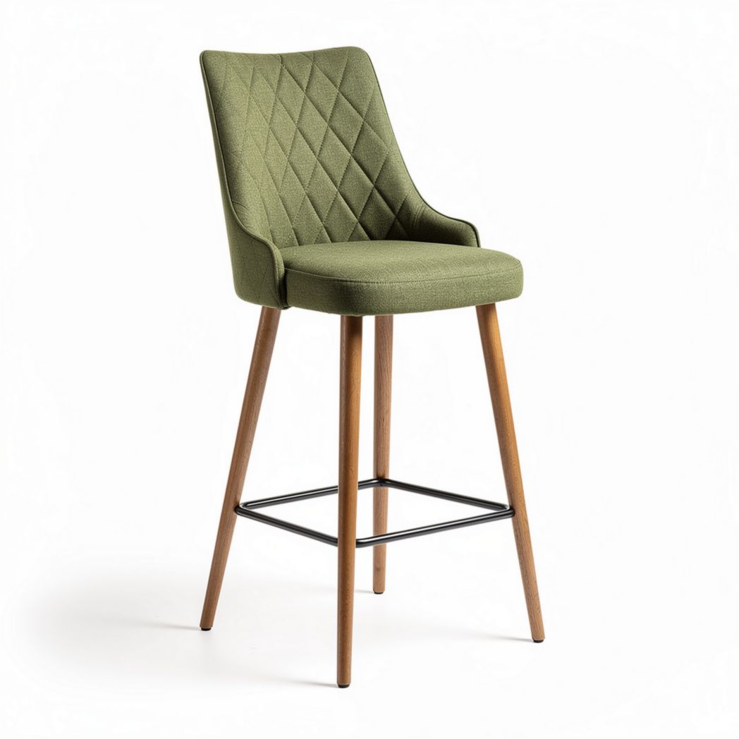 Barhocker van stof in groen met houten poten en zwart metalen voetsteun 45 x 45 x 100cm